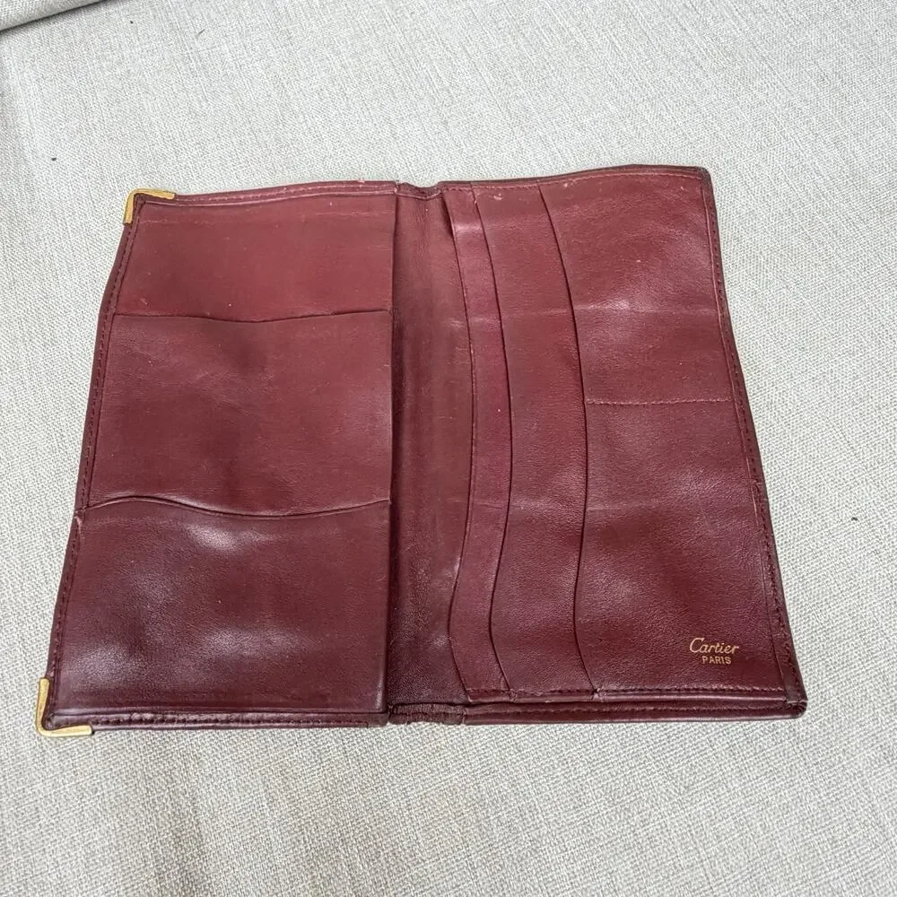 Cartier Vintage Must de Cartier Burgundy Leather Bifold Wallet Gold Corners 4x7